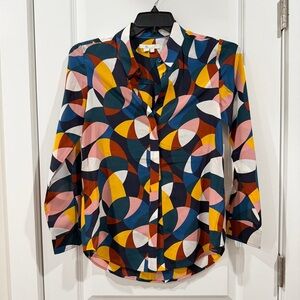 Boden 100% Silk Multicolor Geometric Print Button Down Blouse Shirt sz US6/UK10
